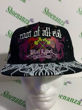 Black Label Hat Root Of All Evil Greed Skulls Paint Splatter Blac Snapback Cap